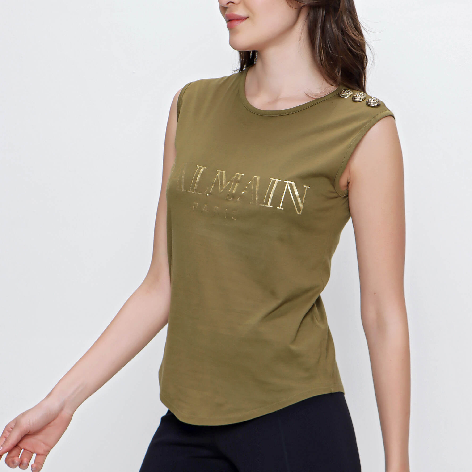 Balmain - Khaki Cotton Sleeveless Tank Top 